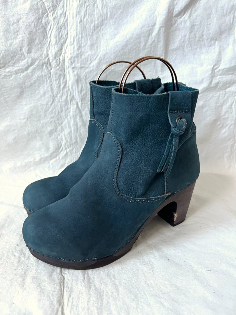 Sanita boots clog booties blue leather platform block heel wood 40 9.5 10 Viva - Picture 3 of 14